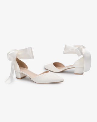 Lace Pointy Toe Low Block Heels Wedding Shoes with Wrapped Ankle TieWomen Shoes