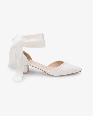 Lace Pointy Toe Low Block Heels Wedding Shoes with Wrapped Ankle TieWomen Shoes