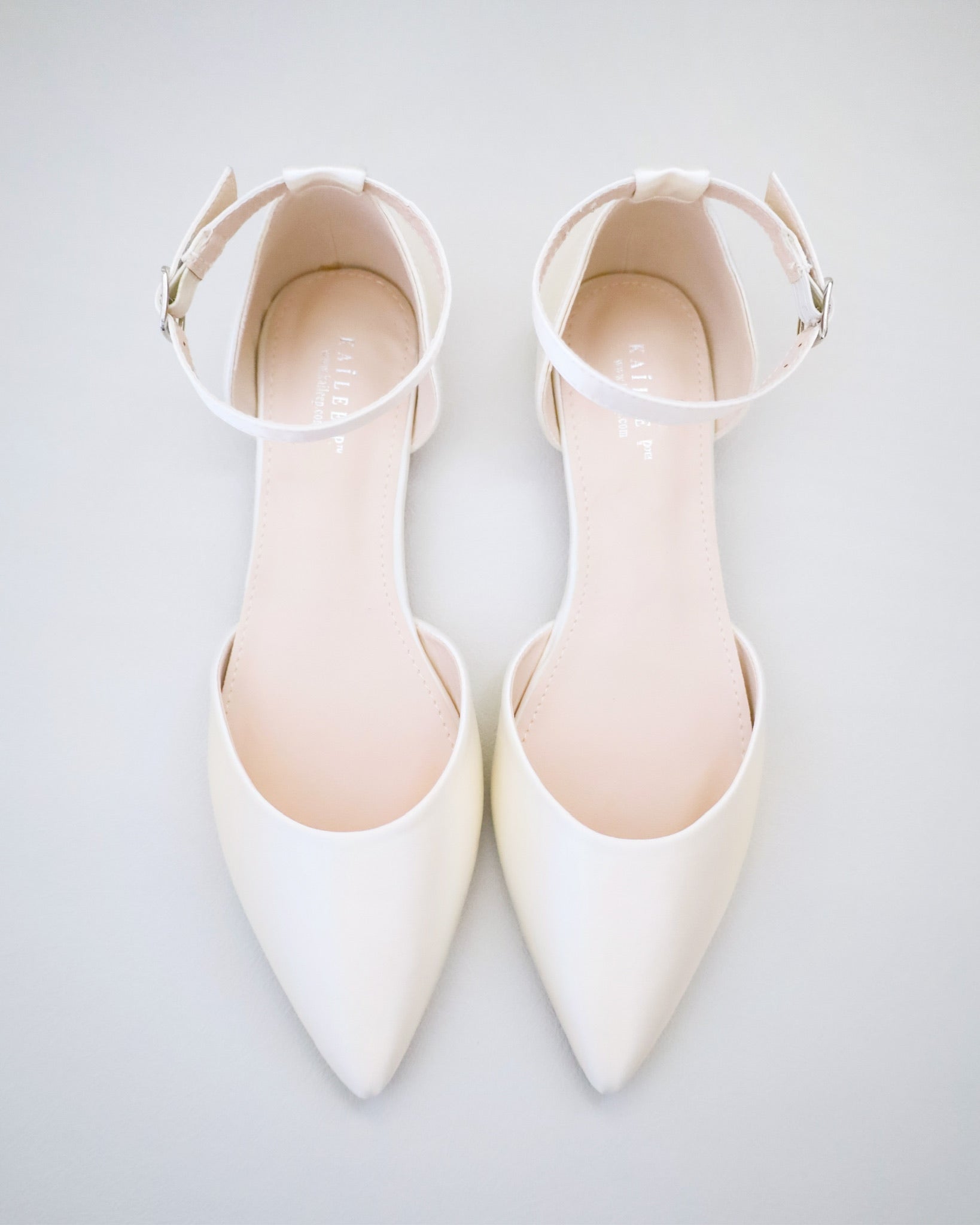 Ivory Satin Pointy Toe Wedding Flats with Ankle Strap