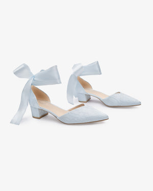 Lace Pointy Toe Low Block Heels Wedding Shoes with Wrapped Ankle Tie