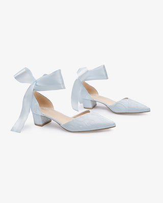 Lace Pointy Toe Low Block Heels Wedding Shoes with Wrapped Ankle TieWomen Shoes