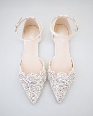 Satin Pointy Toe Flats with Rhinestones Applique EmbellishmentsWomen Shoes