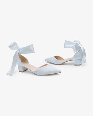 Lace Pointy Toe Low Block Heels Wedding Shoes with Wrapped Ankle TieWomen Shoes