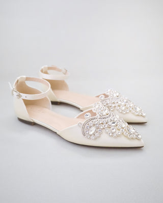 Satin Pointy Toe Flats with Rhinestones Applique EmbellishmentsWomen Shoes