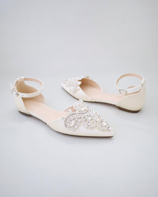 Satin Pointy Toe Flats with Rhinestones Applique EmbellishmentsWomen Shoes
