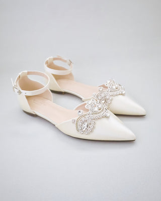 ivory satin wedding flats with rhinestones applique
