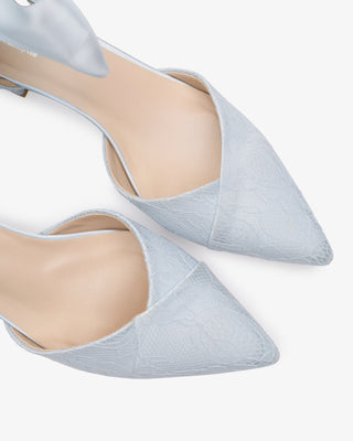 Lace Pointy Toe Low Block Heels Wedding Shoes with Wrapped Ankle TieWomen Shoes
