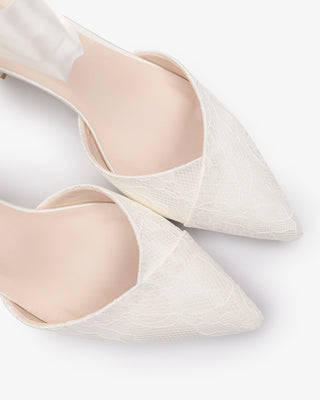 Lace Pointy Toe Low Block Heels Wedding Shoes with Wrapped Ankle TieWomen Shoes