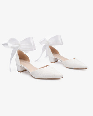 Lace Pointy Toe Low Block Heels Wedding Shoes with Wrapped Ankle Tie