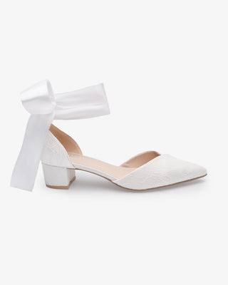 Lace Pointy Toe Low Block Heels Wedding Shoes with Wrapped Ankle TieWomen Shoes
