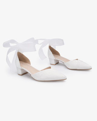 Lace Pointy Toe Low Block Heels Wedding Shoes with Wrapped Ankle TieWomen Shoes