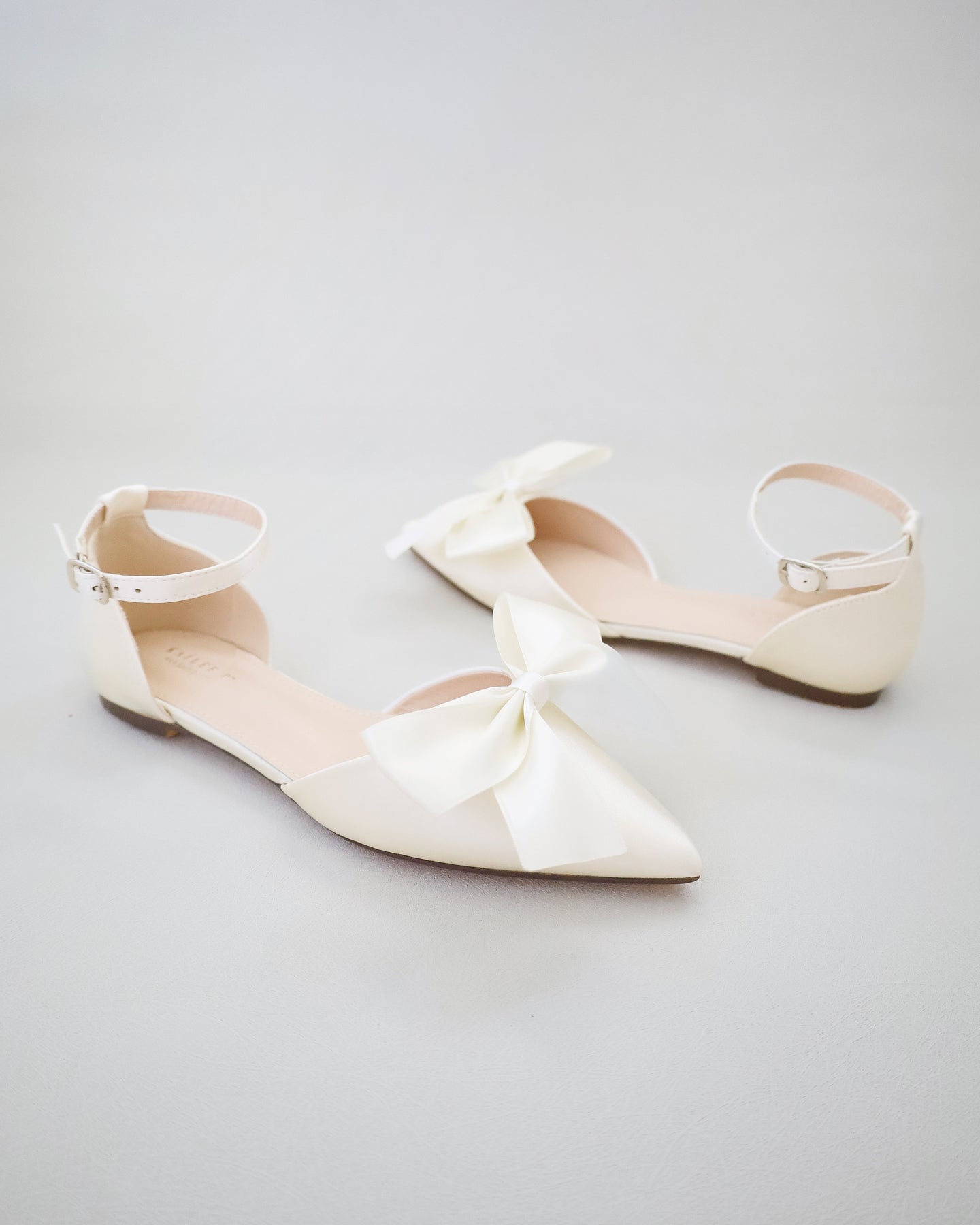 Ivory Satin Pointy Toe Flats with Front Satin Bow - Wedding Shoes ...