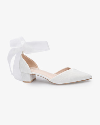 Lace Pointy Toe Low Block Heels Wedding Shoes with Wrapped Ankle TieWomen Shoes