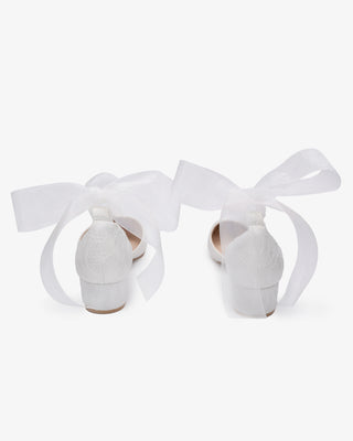 Lace Pointy Toe Low Block Heels Wedding Shoes with Wrapped Ankle TieWomen Shoes