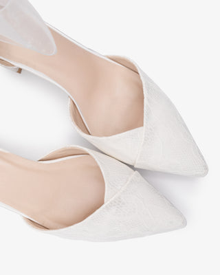 Lace Pointy Toe Low Block Heels Wedding Shoes with Wrapped Ankle TieWomen Shoes