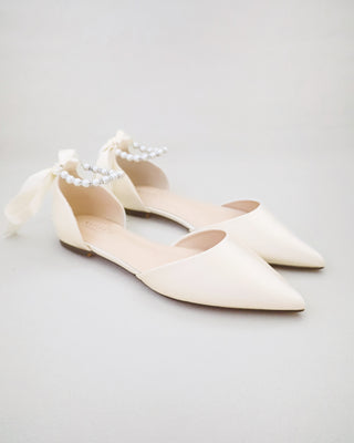 Satin Pointy Toe Bridal Flats with Ribbon Tie or Pearls Strap