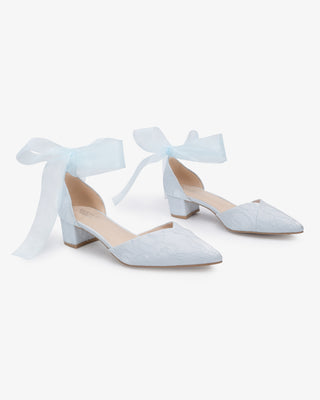 Lace Pointy Toe Low Block Heels Wedding Shoes with Wrapped Ankle TieWomen Shoes