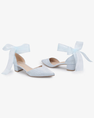 Lace Pointy Toe Low Block Heels Wedding Shoes with Wrapped Ankle TieWomen Shoes