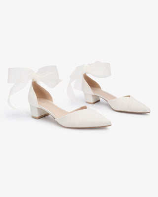 Lace Pointy Toe Low Block Heels Wedding Shoes with Wrapped Ankle TieWomen Shoes