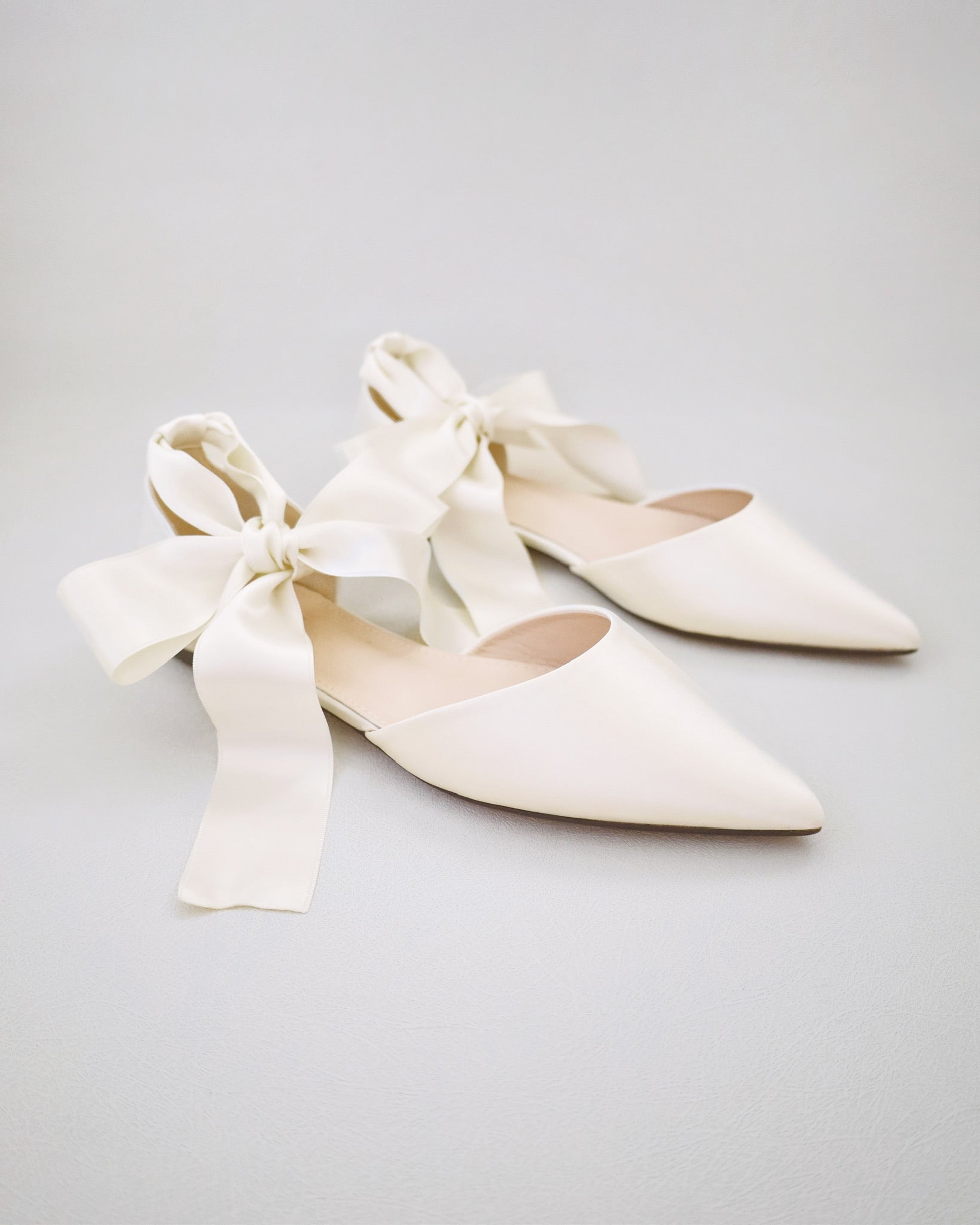 Satin Pointy Toe Bridal Flats with Ribbon Tie or Pearls Strap