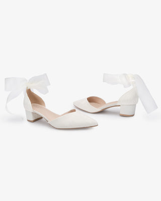 Lace Pointy Toe Low Block Heels Wedding Shoes with Wrapped Ankle TieWomen Shoes