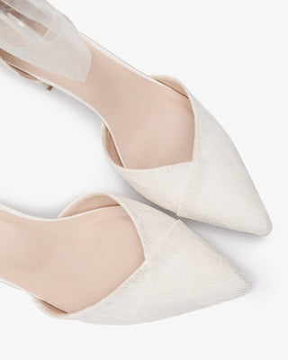 Lace Pointy Toe Low Block Heels Wedding Shoes with Wrapped Ankle TieWomen Shoes