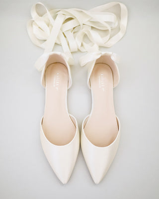 Satin Pointy Toe Bridal Flats with Ribbon Tie or Pearls Strap