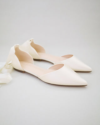 Satin Pointy Toe Bridal Flats with Ribbon Tie or Pearls Strap