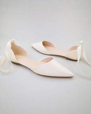 Satin Pointy Toe Bridal Flats with Ribbon Tie or Pearls Strap
