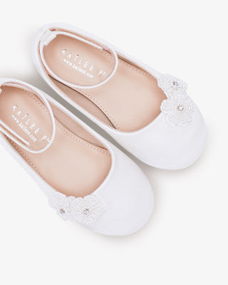 White Satin Flower Girls Ballet Flats with All Pearls Chassia Flowers