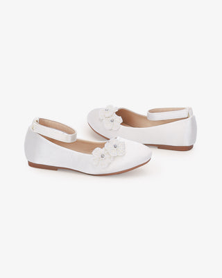 White Satin Flower Girls Ballet Flats with All Pearls Chassia Flowers