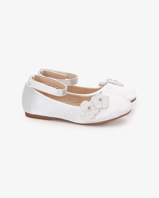 White Satin Flower Girls Ballet Flats with All Pearls Chassia Flowers