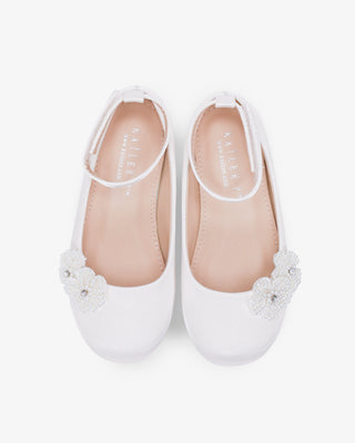 White Satin Flower Girls Ballet Flats with All Pearls Chassia Flowers