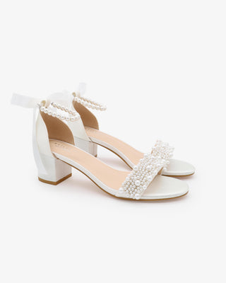 White Satin Block Heel Wedding Sandals with Perla Applique and All Pearls Strap