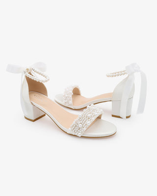 White Satin Block Heel Wedding Sandals with Perla Applique and All Pearls Strap