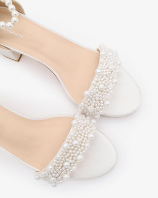 White Satin Block Heel Wedding Sandals with Perla Applique and All Pearls Strap