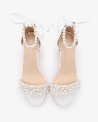 White Satin Block Heel Wedding Sandals with Perla Applique and All Pearls Strap