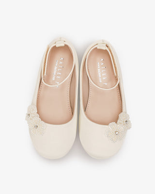 Ivory Satin Flower Girls Ballet Flats with All Pearls Chassia Flowers