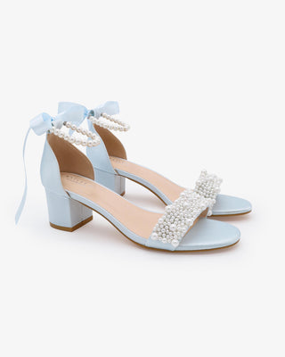 Light Blue Satin Block Heel Wedding Sandals with Perla Applique and All Pearls Strap