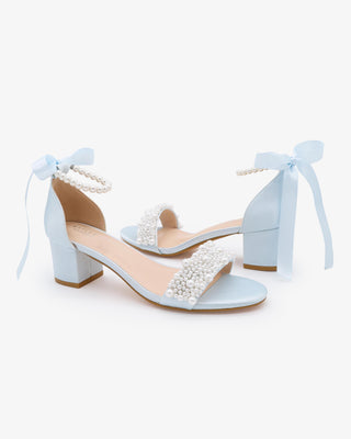 Light Blue Satin Block Heel Wedding Sandals with Perla Applique and All Pearls Strap