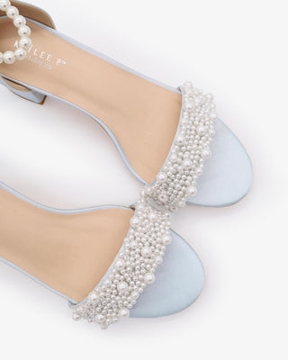 Light Blue Satin Block Heel Wedding Sandals with Perla Applique and All Pearls Strap