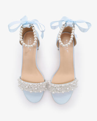 Light Blue Satin Block Heel Wedding Sandals with Perla Applique and All Pearls Strap