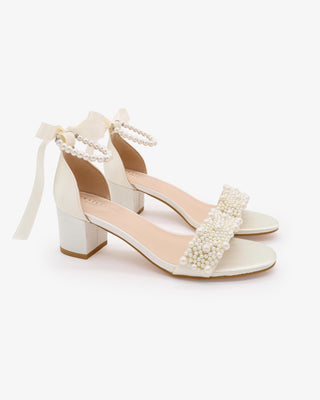 Ivory Satin Block Heel Wedding Sandals with Perla Applique and All Pearls Strap