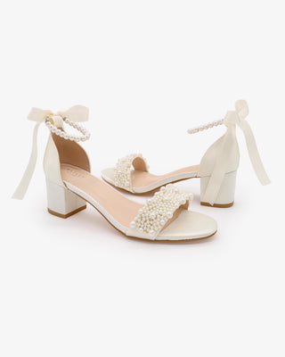 Ivory Satin Block Heel Wedding Sandals with Perla Applique and All Pearls Strap