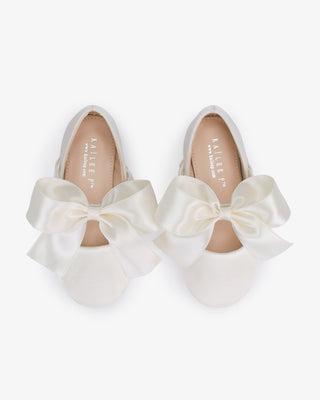 Ivory Satin Mary Jane Flats with Satin Bow - Top View