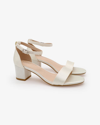 Ivory Satin Block Heel Wedding Sandals with Ankle Strap