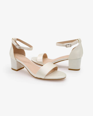 Ivory Satin Block Heel Wedding Sandals with Ankle Strap
