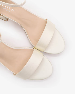 Ivory Satin Block Heel Wedding Sandals with Ankle Strap
