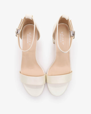 Ivory Satin Block Heel Wedding Sandals with Ankle Strap