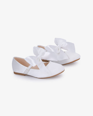 White Satin Maryjane Flats with Satin Bow - Side View